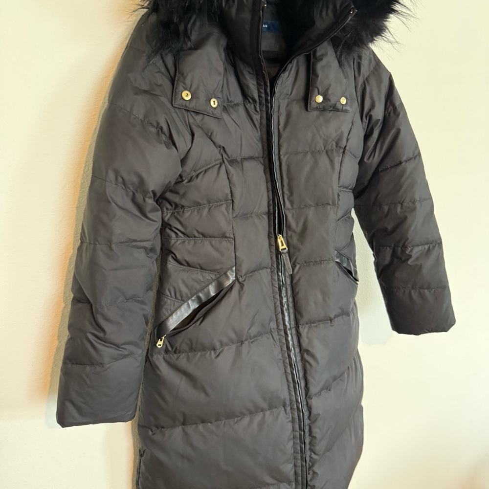Women’s Cole Haan Black Puffer Coat Knee Length Hooded Size Medium Down Fill - Picture 5 of 7